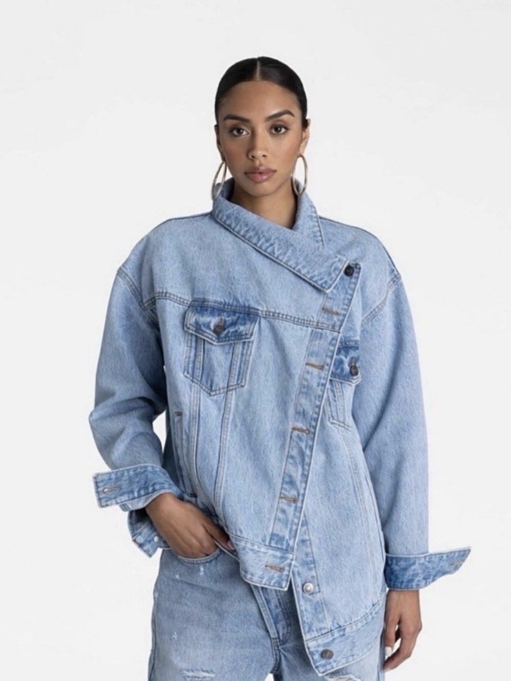 KBB by Khalana Oversized Light Blue Denim Jacket with Asymmetric Button Front